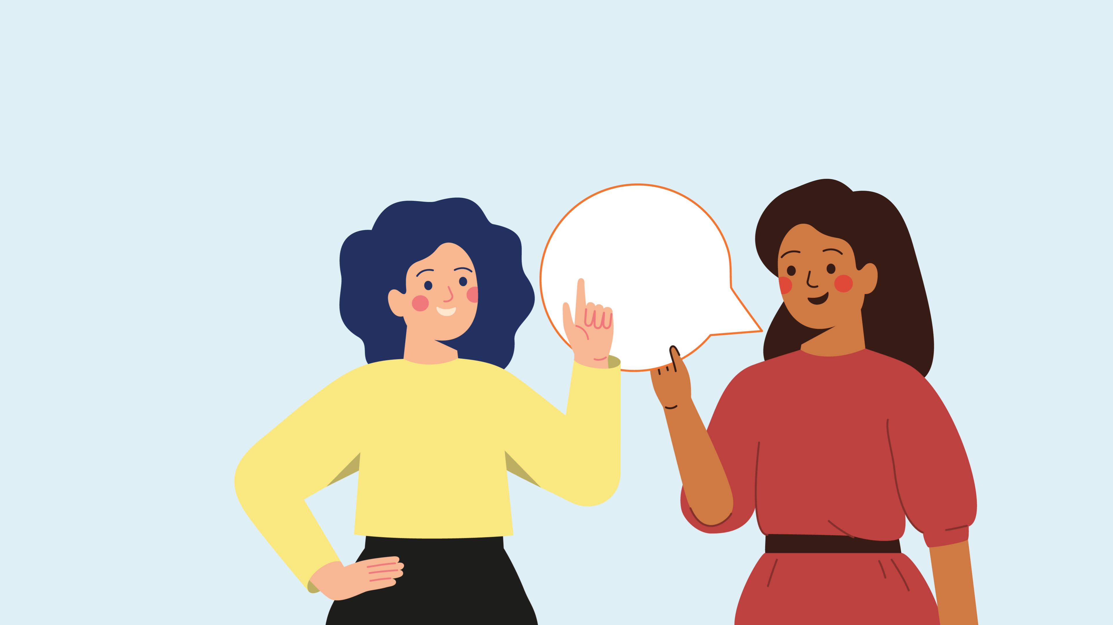 An illustration of two women chatting with a speech bubble 